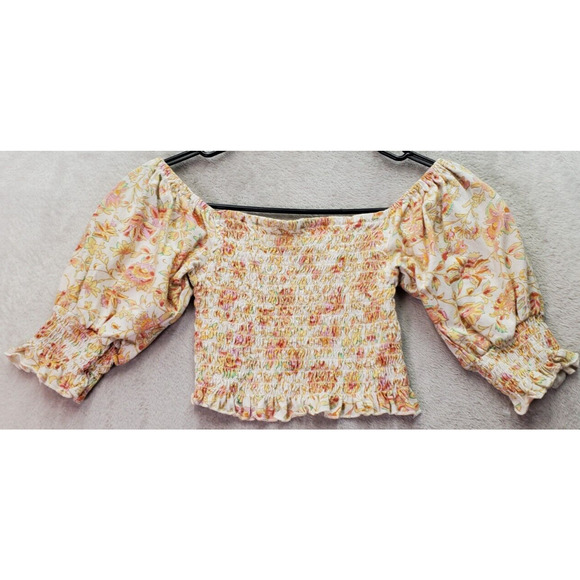 Billabong Cropped Top Womens XS Multi Floral Ruched Long Sleeve Off the Shoulder - Picture 1 of 8
